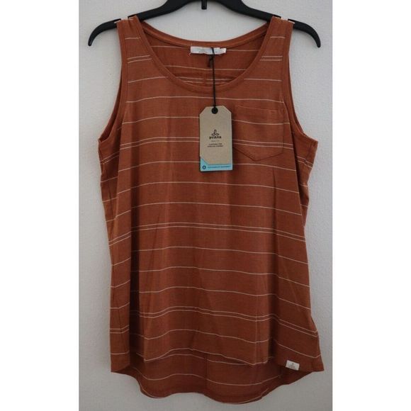 prAna Women's Sz M Copper Heather Stripe Foundation Scoop Neck Tank Top - Picture 1 of 6